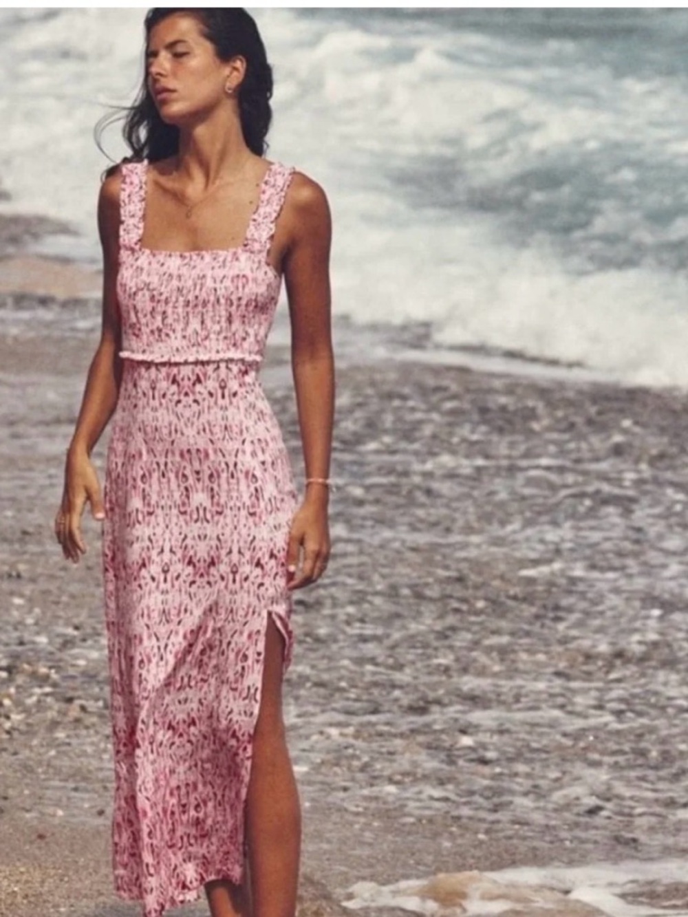 Zara Pink Smocked Maxi Dress Linen Blend Size M